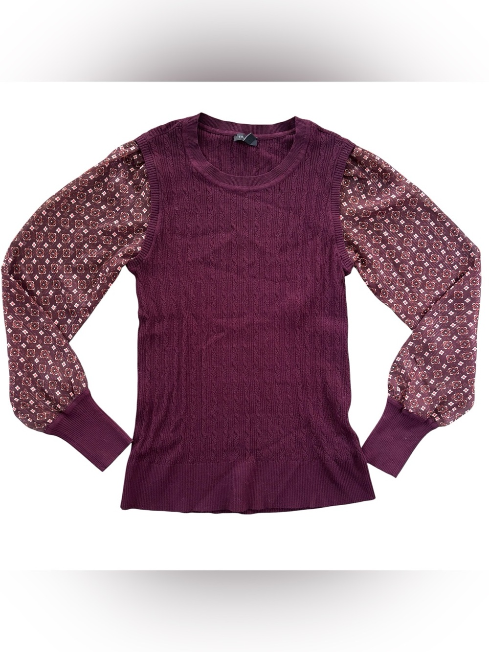 Talbots Plum Cable-Knit Sweater with Printed Long Sleeves